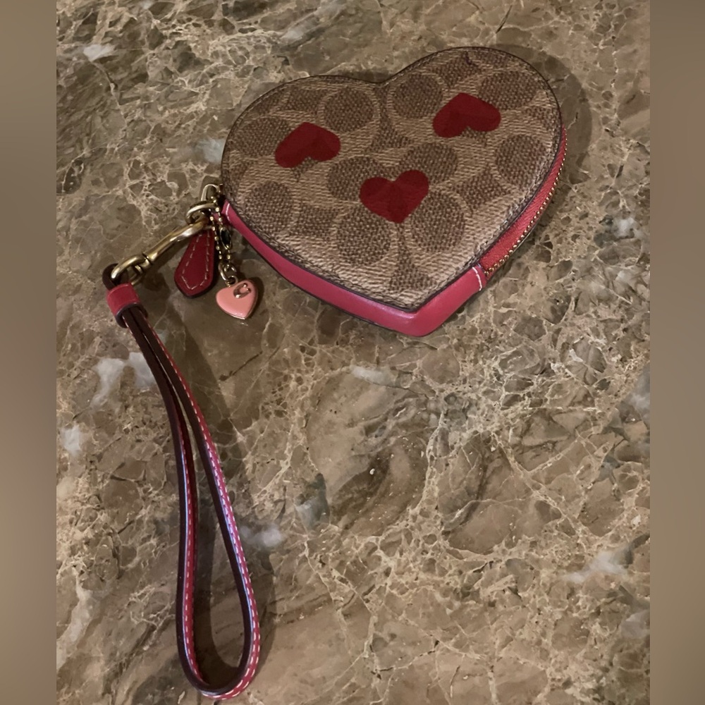 COACH Heart-Shaped Coin Case In Signature Canvas W/Red Print Love Wristlet Pouch